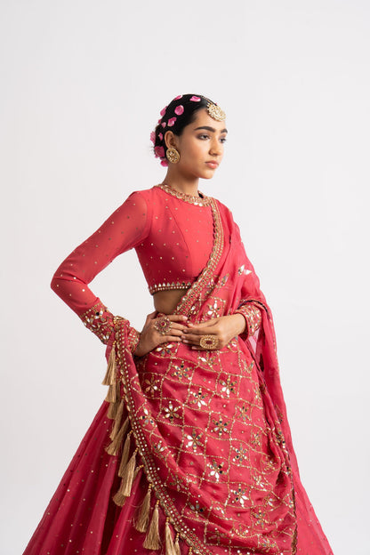 Deep Coral Silk Organza Heavy Dupatta Lehenga Set