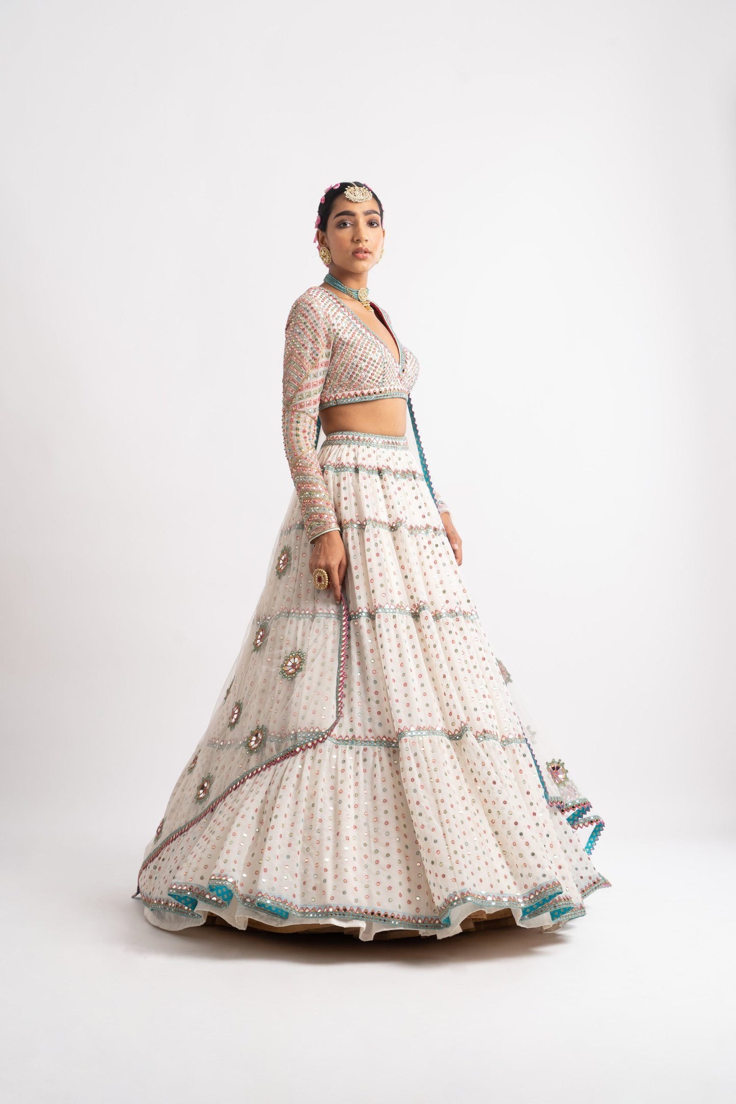 White Multi Tier Multi Color Lehenga Set