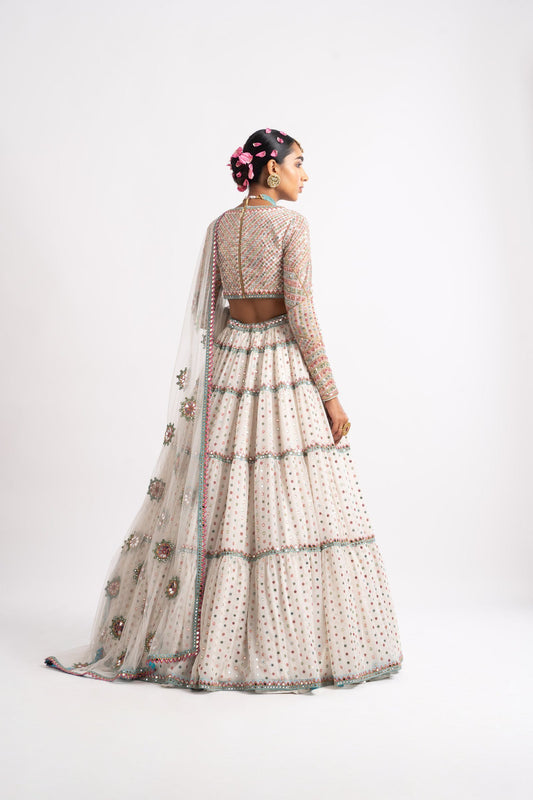 White Multi Tier Multi Color Lehenga Set