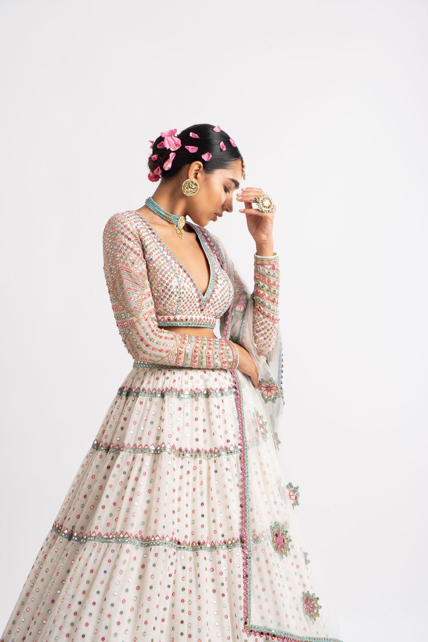 White Multi Tier Multi Color Lehenga Set
