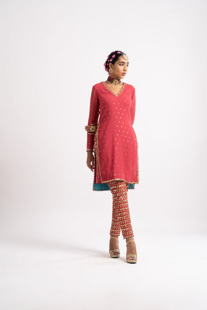 Deep Coral V Neck Heavy Pant Kurta Set