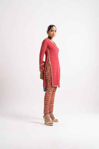 Deep Coral V Neck Heavy Pant Kurta Set