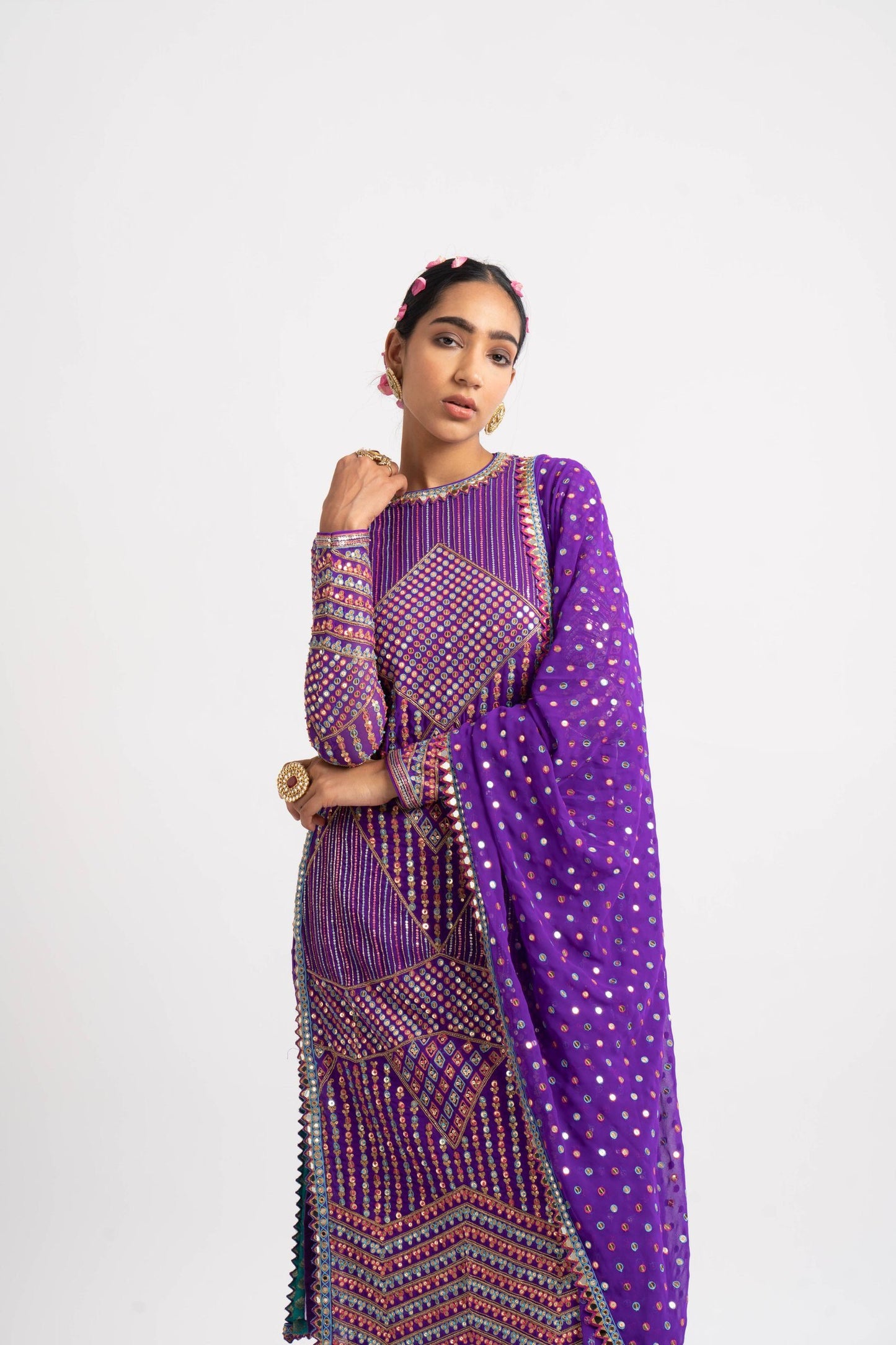 Purple Multi Embroidery Round Neck Kurta Set