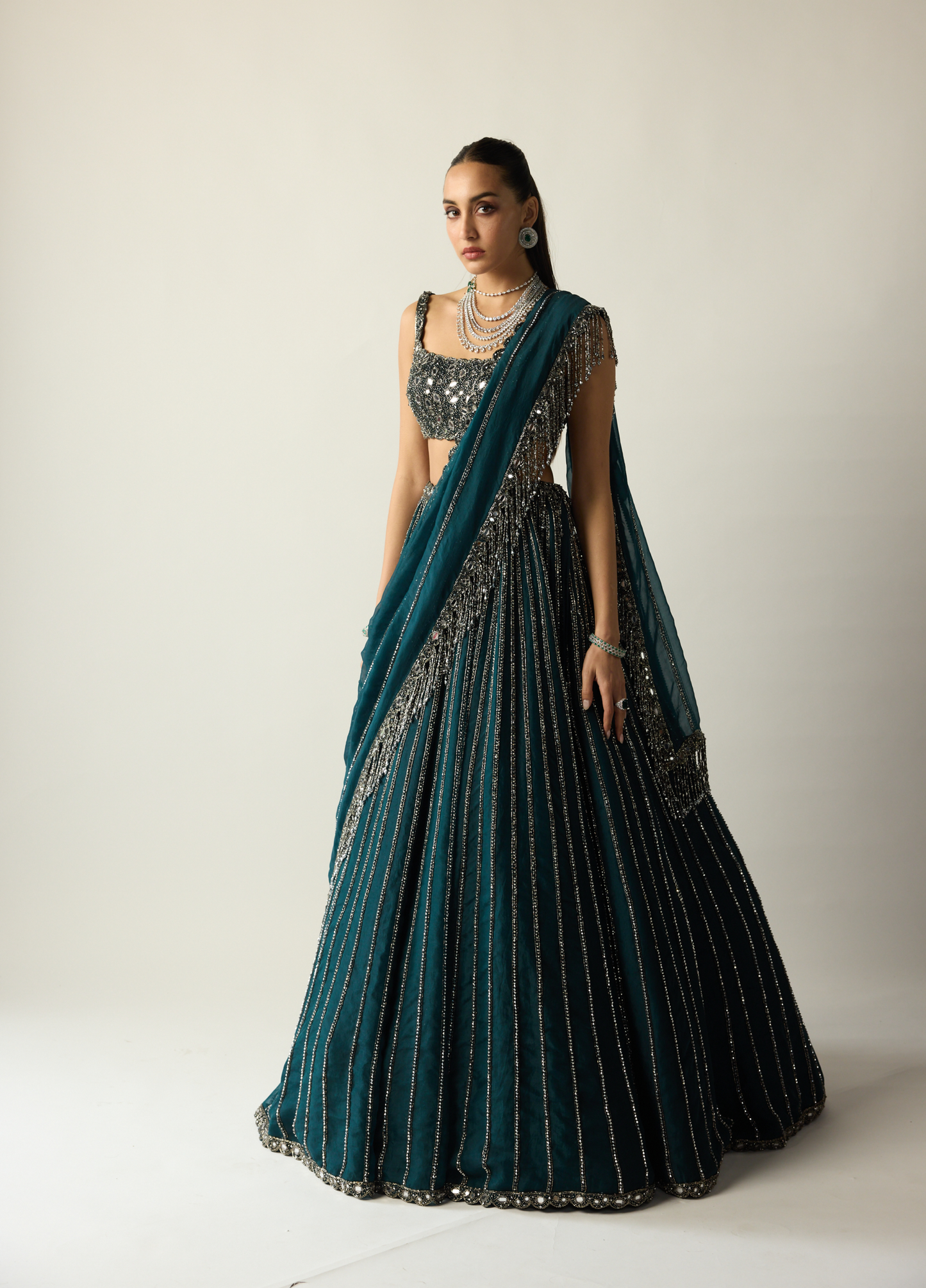Dark Teal Linear Lehenga Set