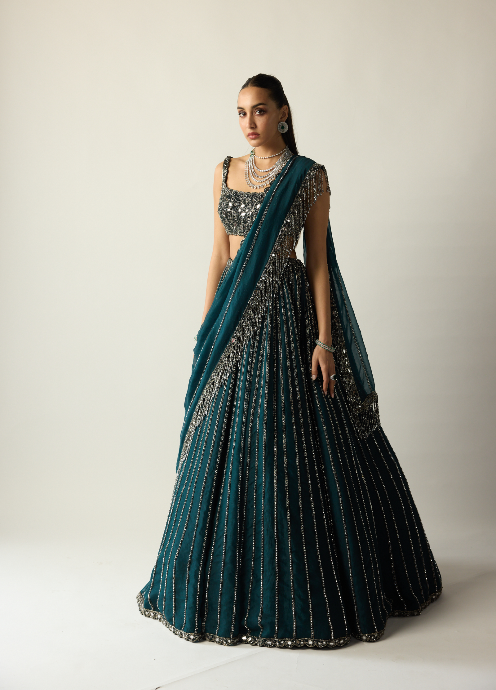 Dark Teal Linear Lehenga Set