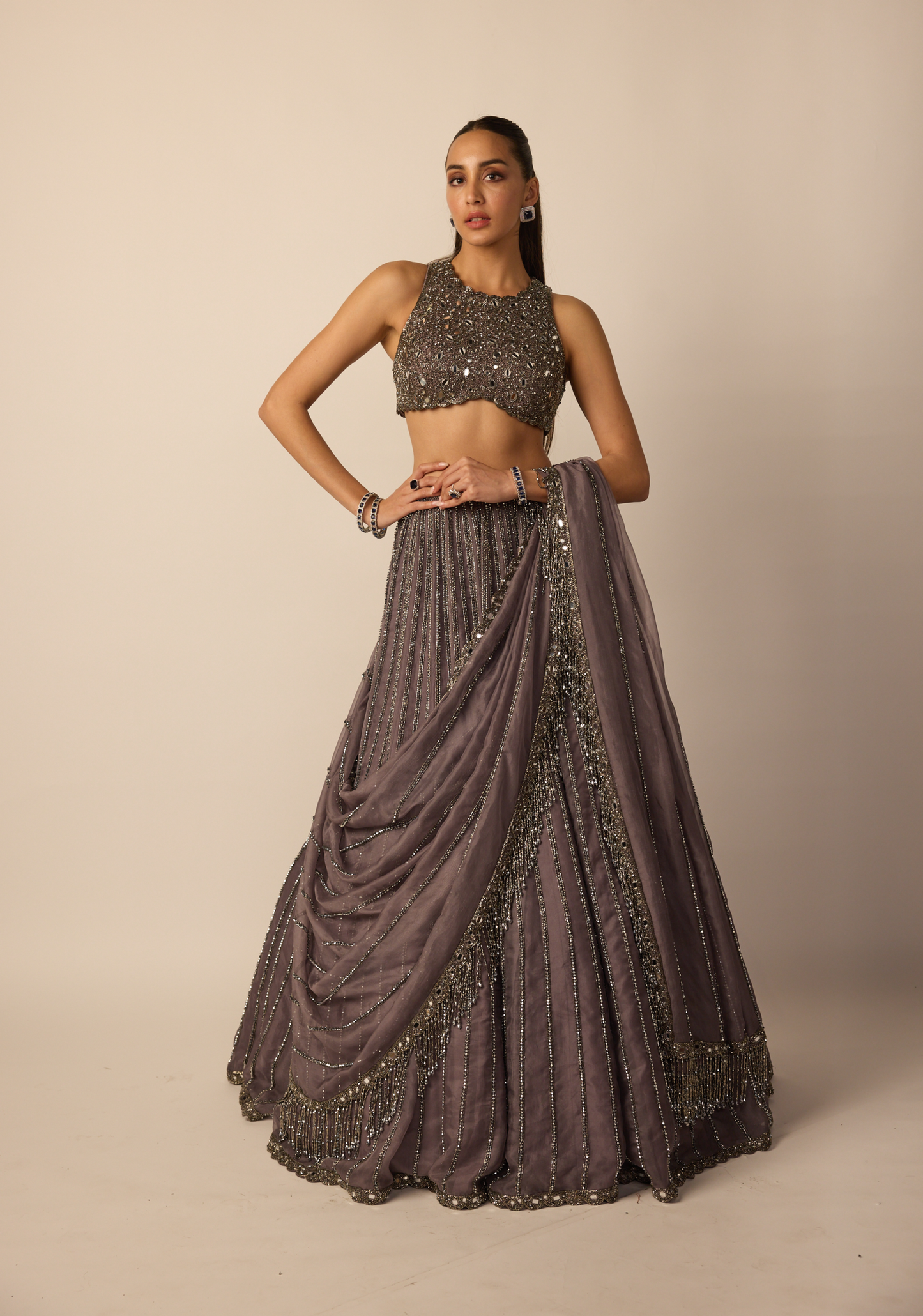 Metallic Grey Linear Lehenga Set