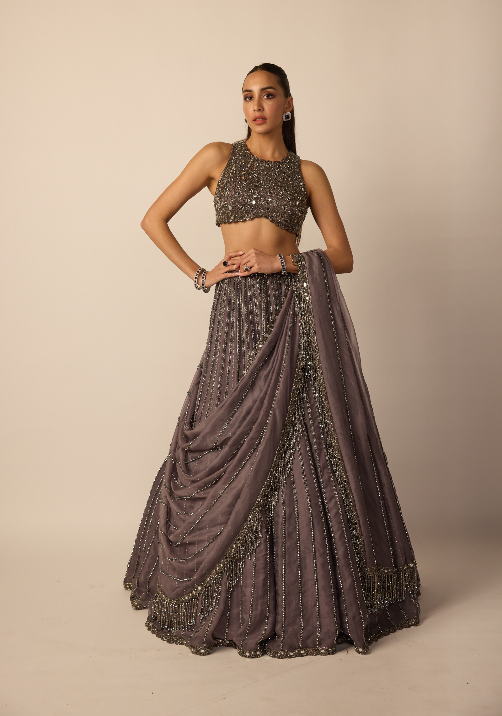 Metallic Grey Linear Lehenga Set