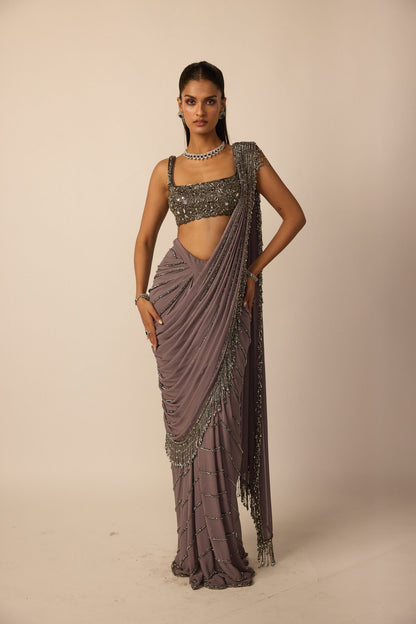 Metallic Grey Linear Draped Saree