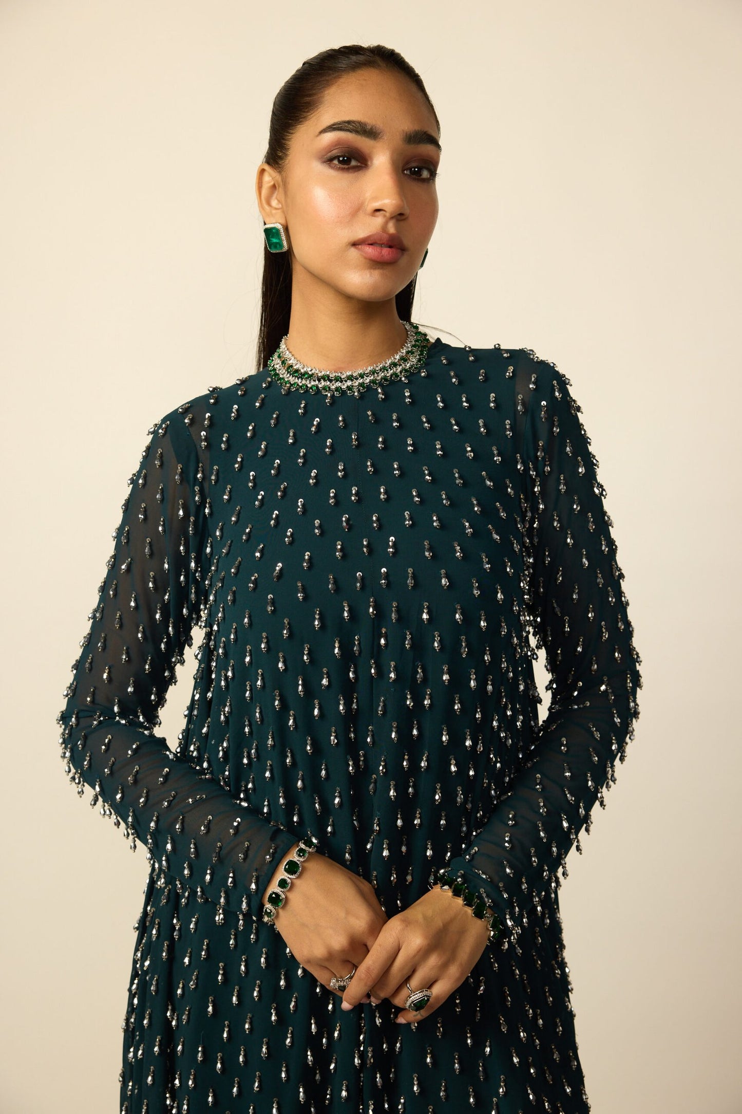 Dark Teal Silver Drop Kurta With Stole