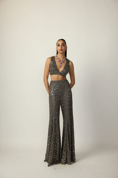 Metallic Grey Blouse Sharara Pant Set
