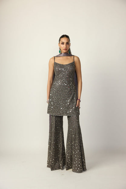 Metallic Grey Sharara With Kurta  Set
