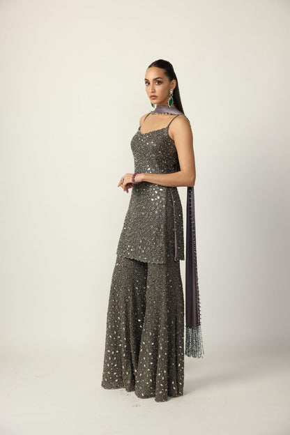 Metallic Grey Sharara With Kurta  Set