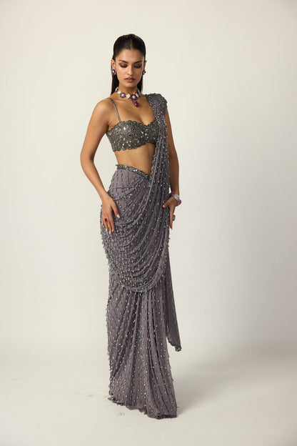 Metallic Grey Single Drop Draped Saree Set