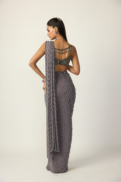 Metallic Grey Single Drop Draped Saree Set