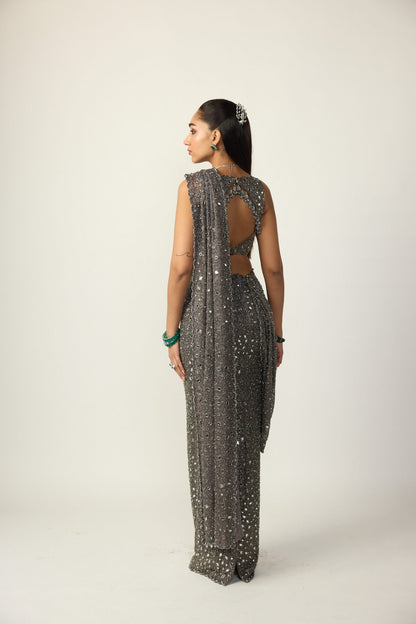 Metallic Grey Draped Saree Set
