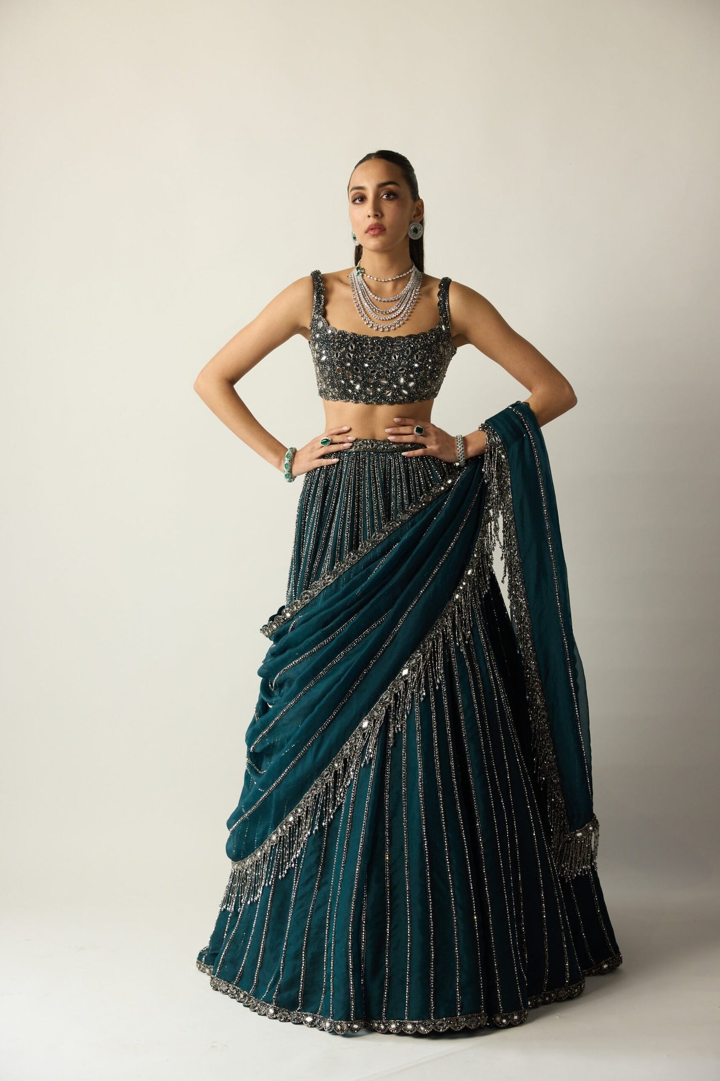 Dark Teal Linear Lehenga Set