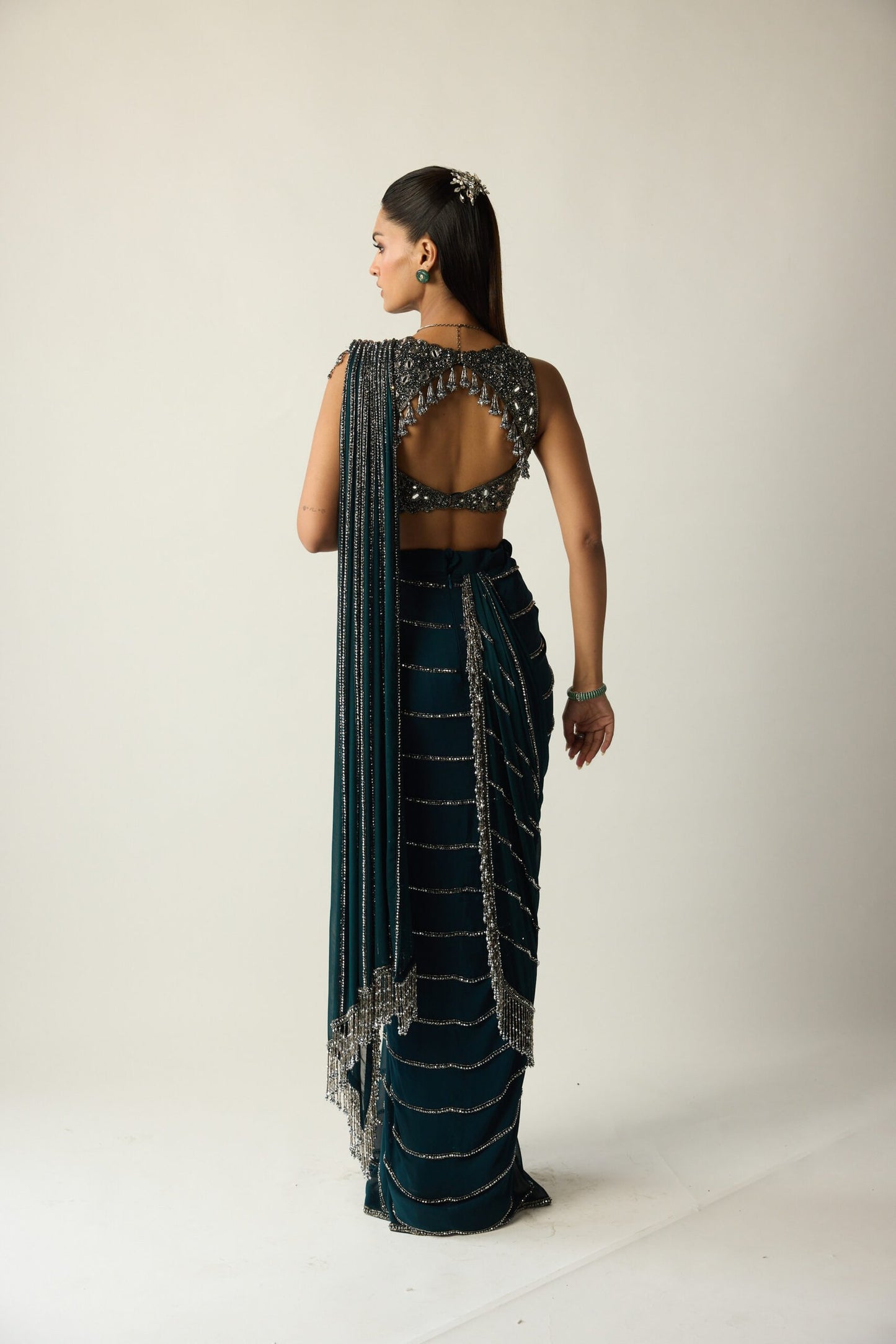 Dark Teal Linear Draped Saree