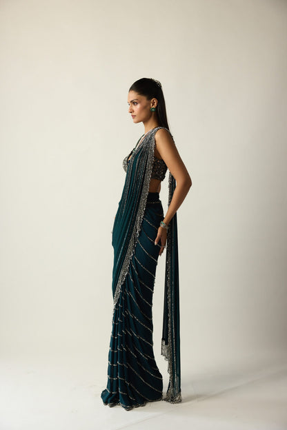 Dark Teal Linear Draped Saree