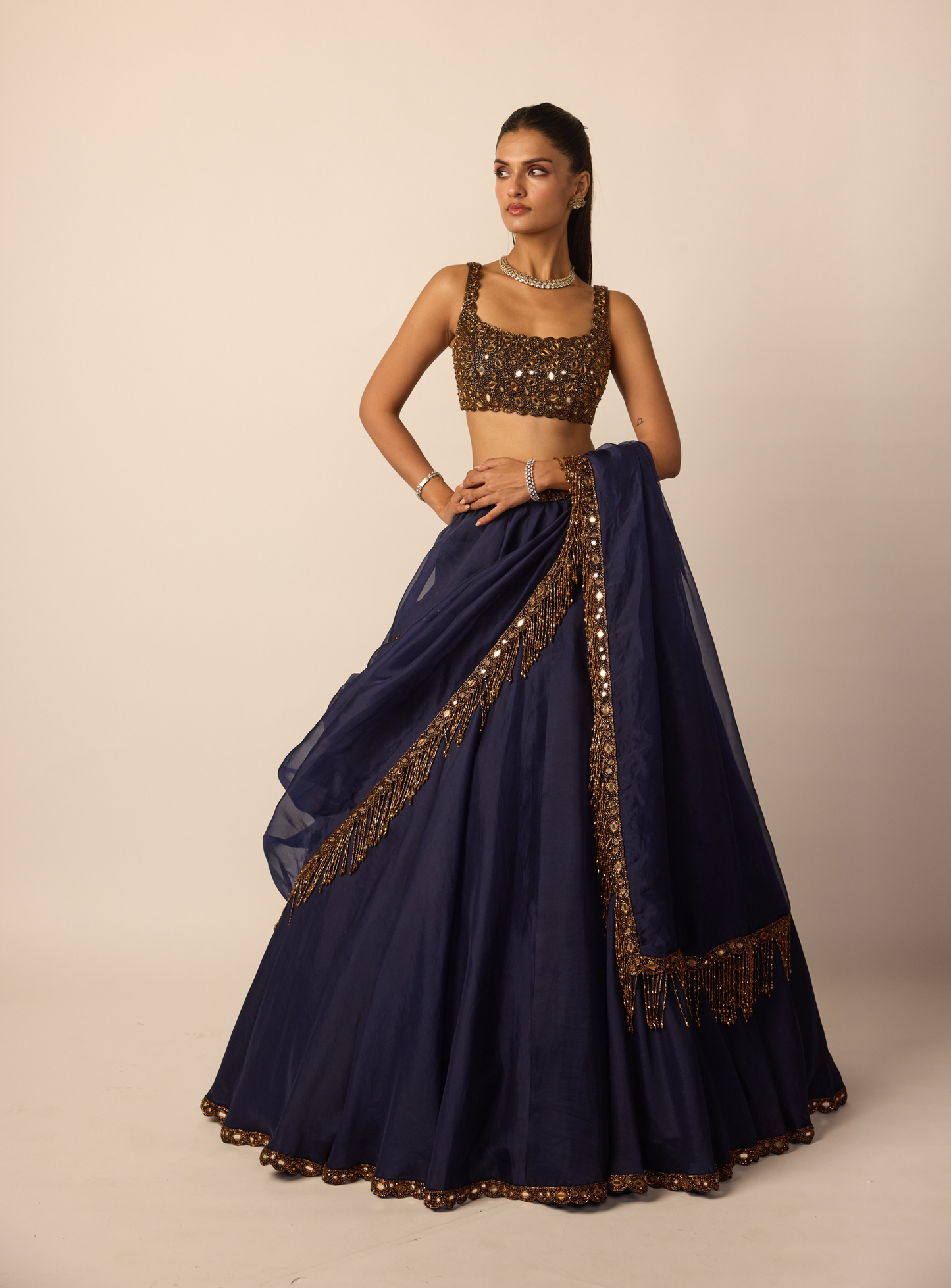 Deep Blue Tassel Dupatta Lehenga Set