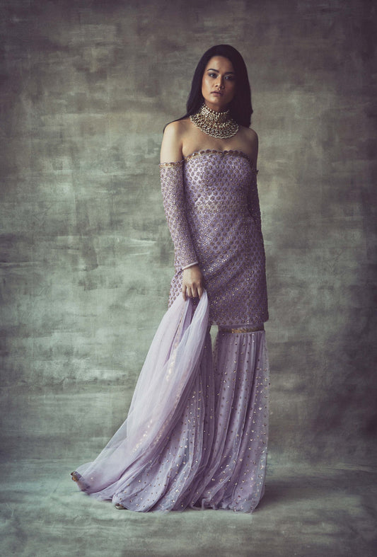 Lavender Off Shoulder Kurta Sharara Set