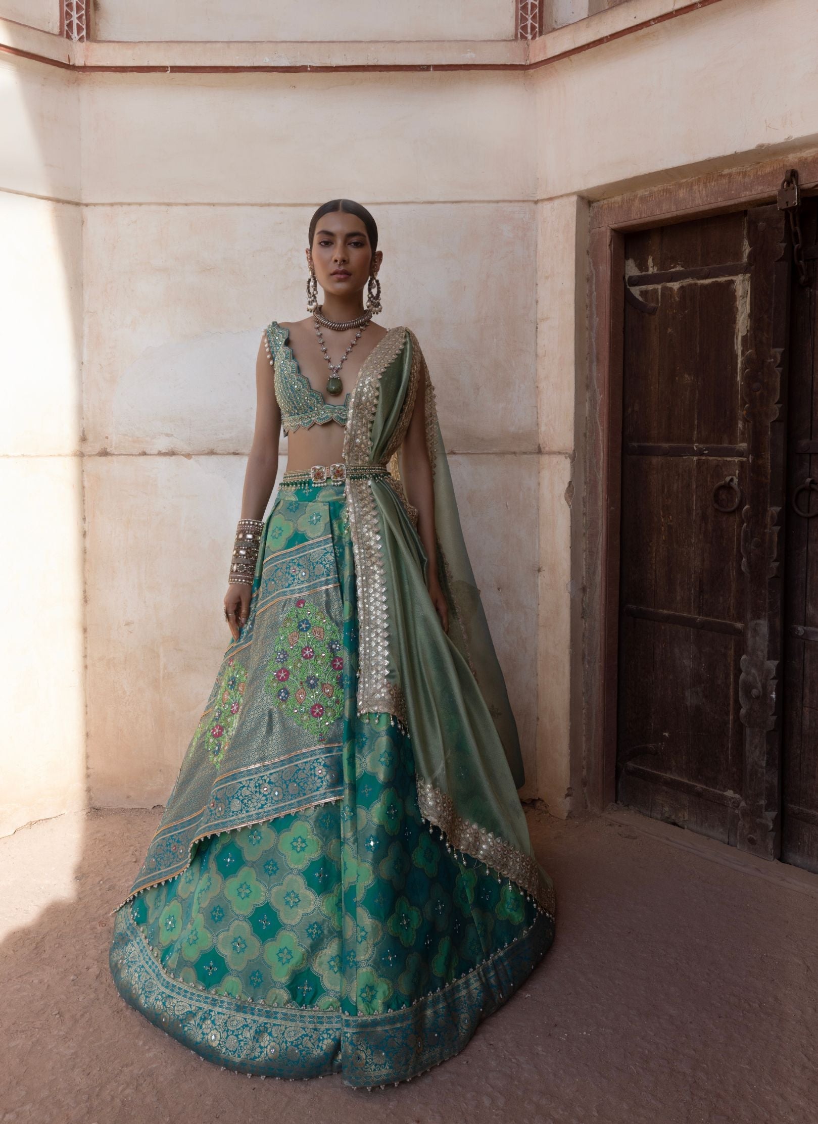 Women's Green Woven Banarsi Chanderi Lehenga