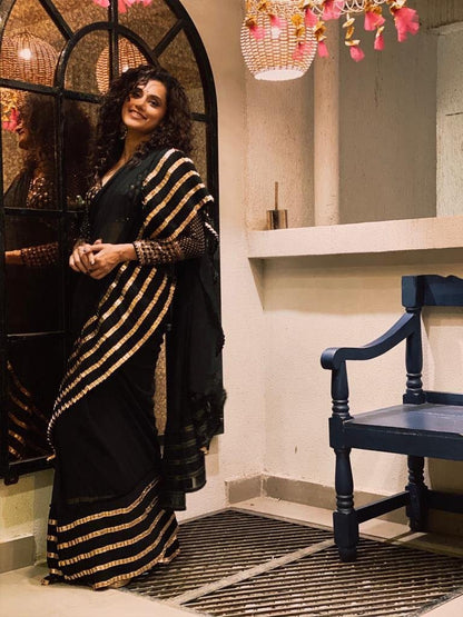 TAAPSEE  PANNU In Black Ruffle Saree