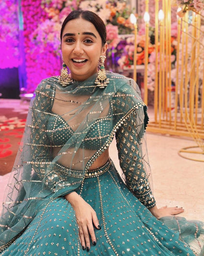 PRAJAKTA KOLI In Mud Green Single Tier Lehenga Set