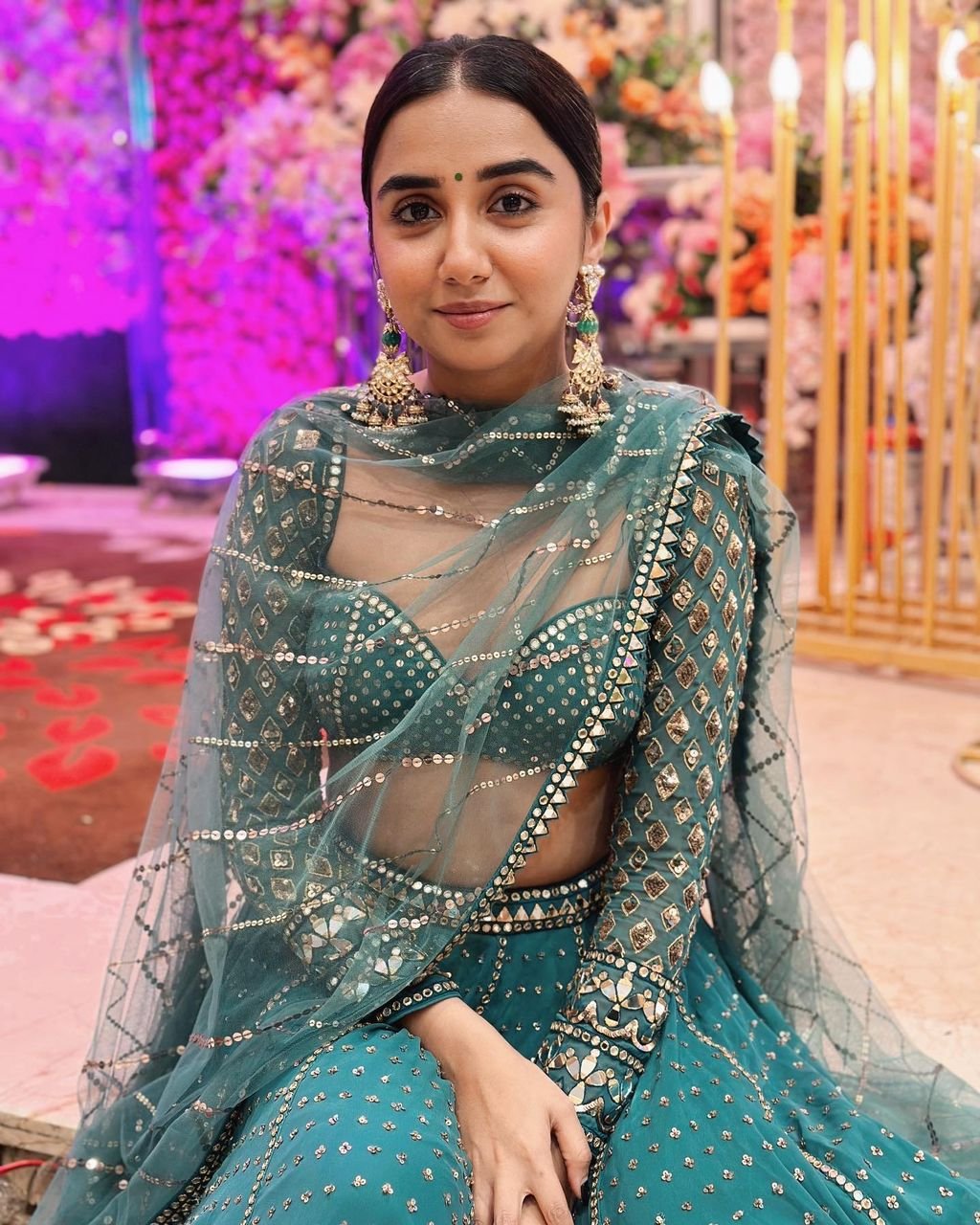 PRAJAKTA KOLI In Mud Green Single Tier Lehenga Set