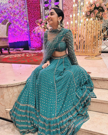 PRAJAKTA KOLI In Mud Green Single Tier Lehenga Set