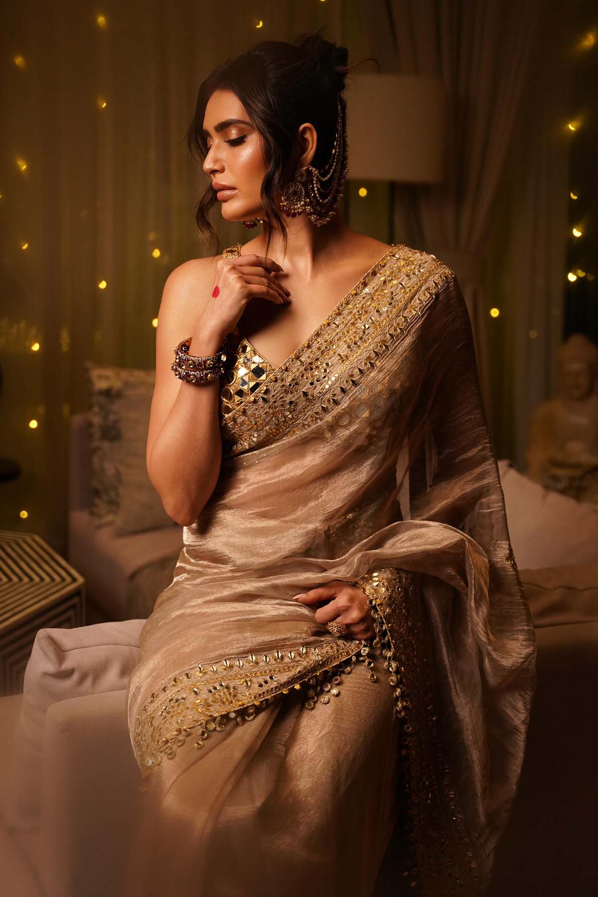 Karishma Tanna in Gaja Kavya Saree and Mirror Work blouse