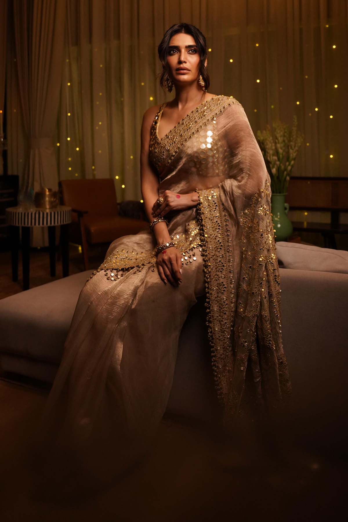 Karishma Tanna in Gaja Kavya Saree and Mirror Work blouse