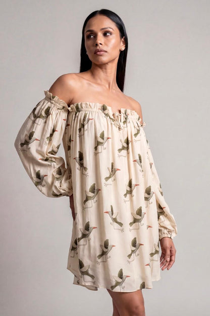 Ivory Gold Finch Off Shoulder Dress