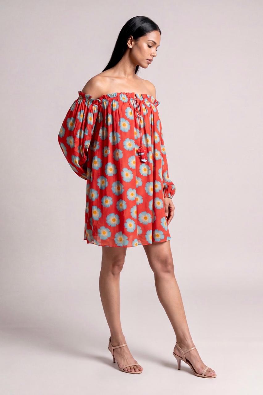 Red Crazy Daisy Off Shoulder Dress