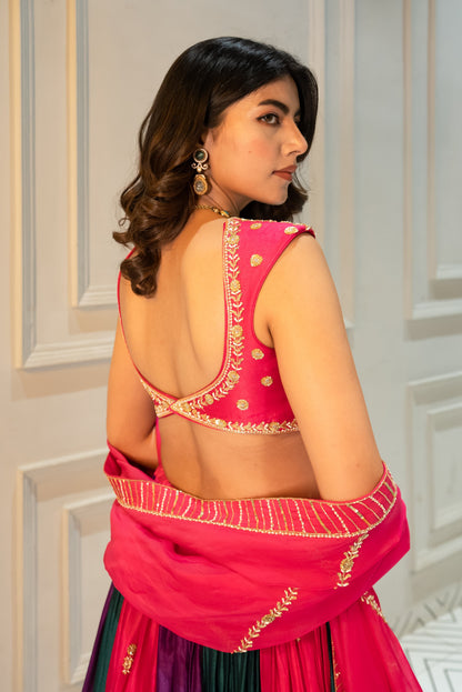 ROYAL BLUE DEEP NECKLINE EMBROIDERED SLEEVELESS BLOUSE WITH FLORAL BUTTI EMBROIDERED LEHENGA AND DUPATTA- EC-LH-RAHI25-25- RoyalBlue