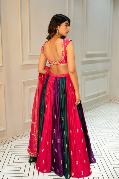 ROYAL BLUE DEEP NECKLINE EMBROIDERED SLEEVELESS BLOUSE WITH FLORAL BUTTI EMBROIDERED LEHENGA AND DUPATTA- EC-LH-RAHI25-25- RoyalBlue
