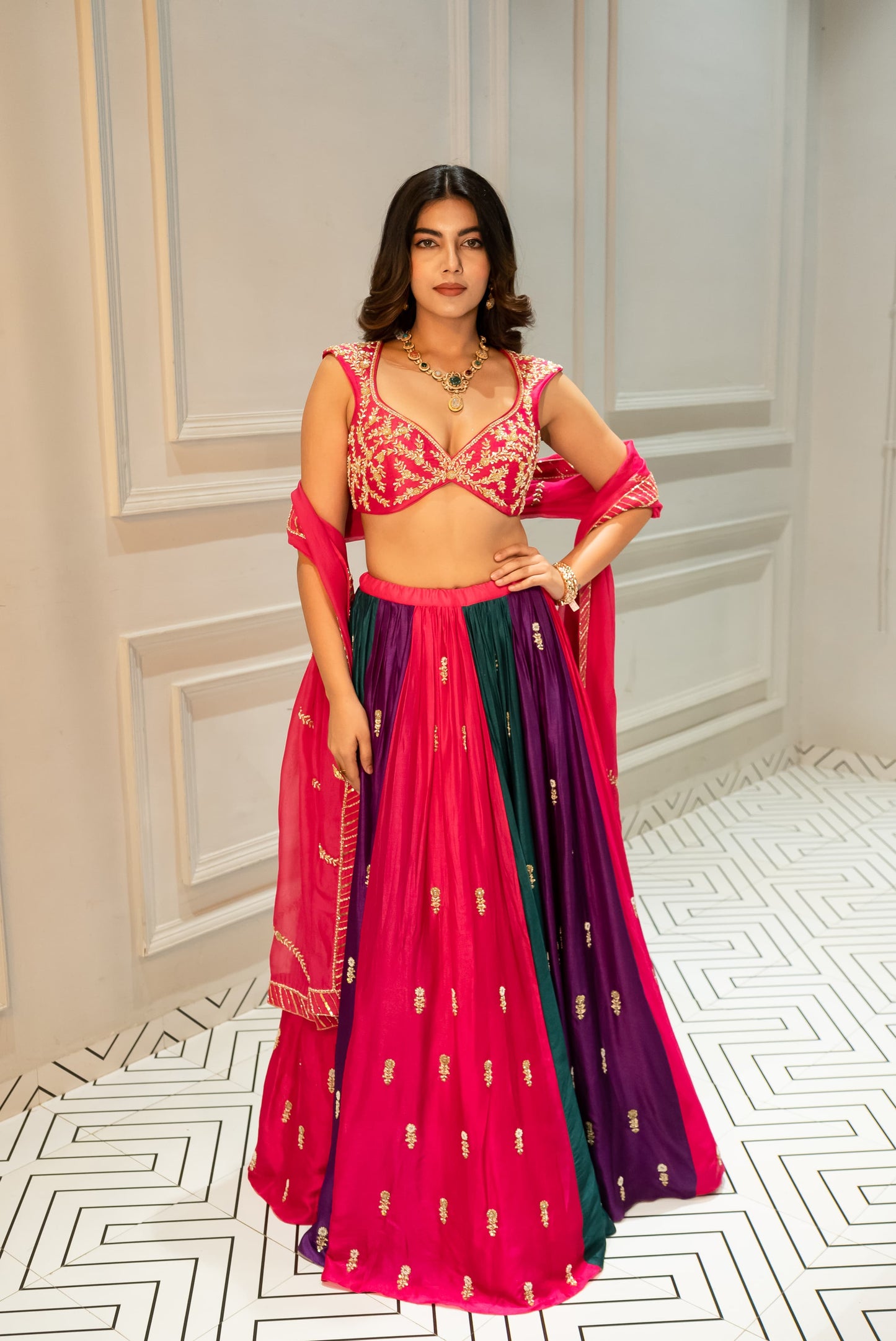 ROYAL BLUE DEEP NECKLINE EMBROIDERED SLEEVELESS BLOUSE WITH FLORAL BUTTI EMBROIDERED LEHENGA AND DUPATTA- EC-LH-RAHI25-25- RoyalBlue