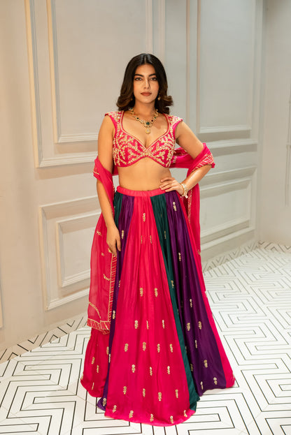 ROYAL BLUE DEEP NECKLINE EMBROIDERED SLEEVELESS BLOUSE WITH FLORAL BUTTI EMBROIDERED LEHENGA AND DUPATTA- EC-LH-RAHI25-25- RoyalBlue