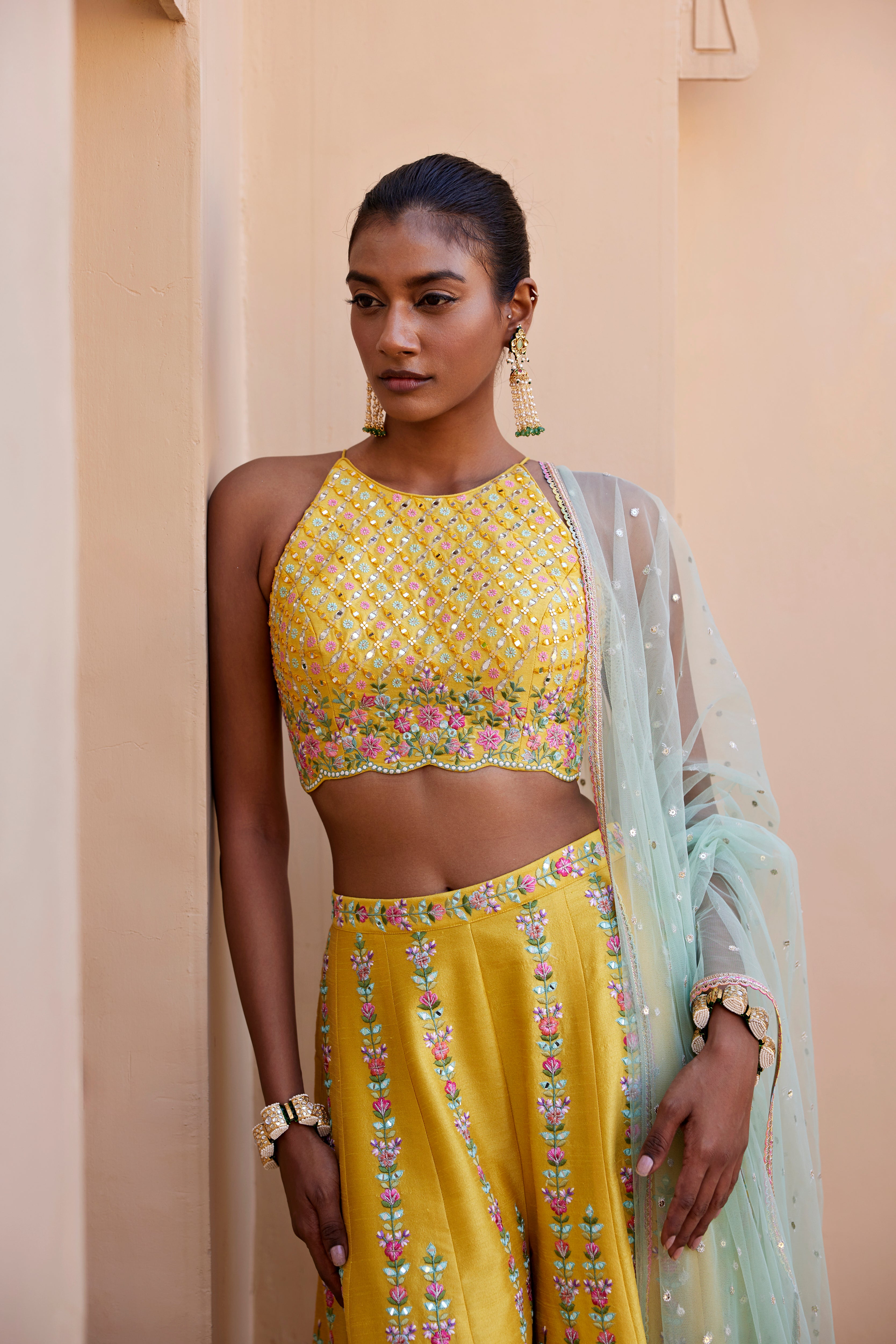 Yellow Dupion Silk Embroidered Blossom Top Palazzo Set