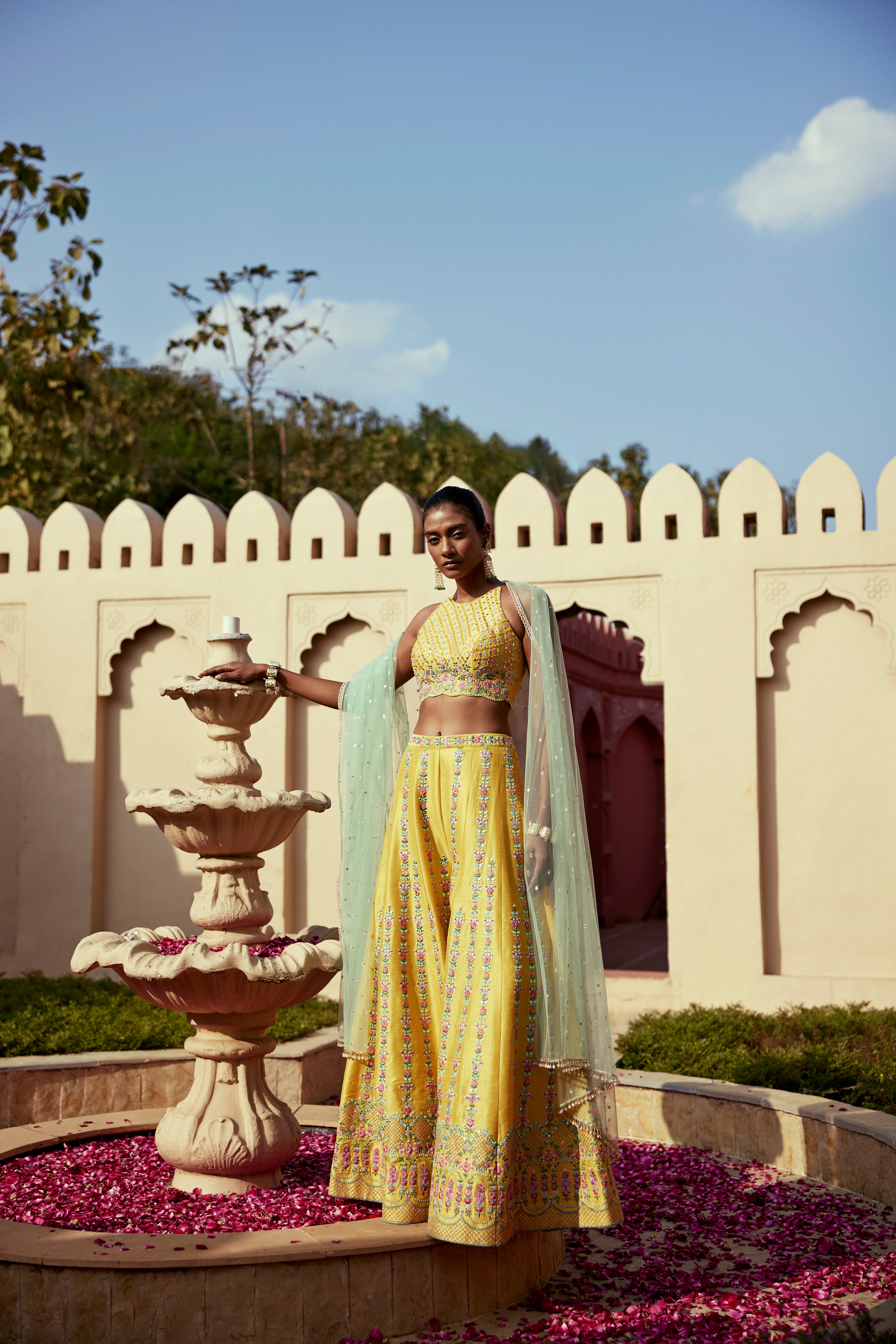 Yellow Dupion Silk Resham and Mirror Work Embroidered Top