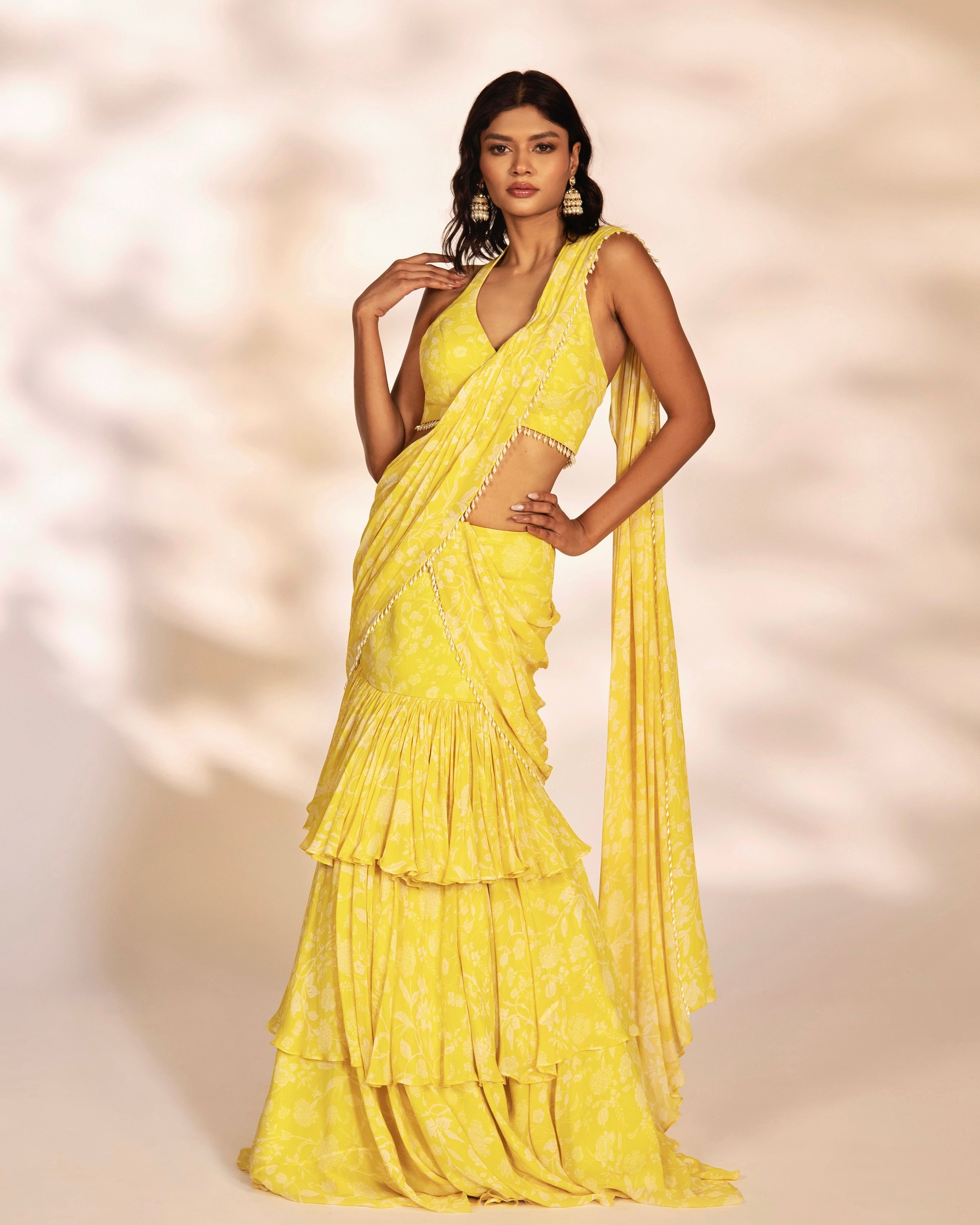 Yellow Georgette Pre-Draped Saree Set