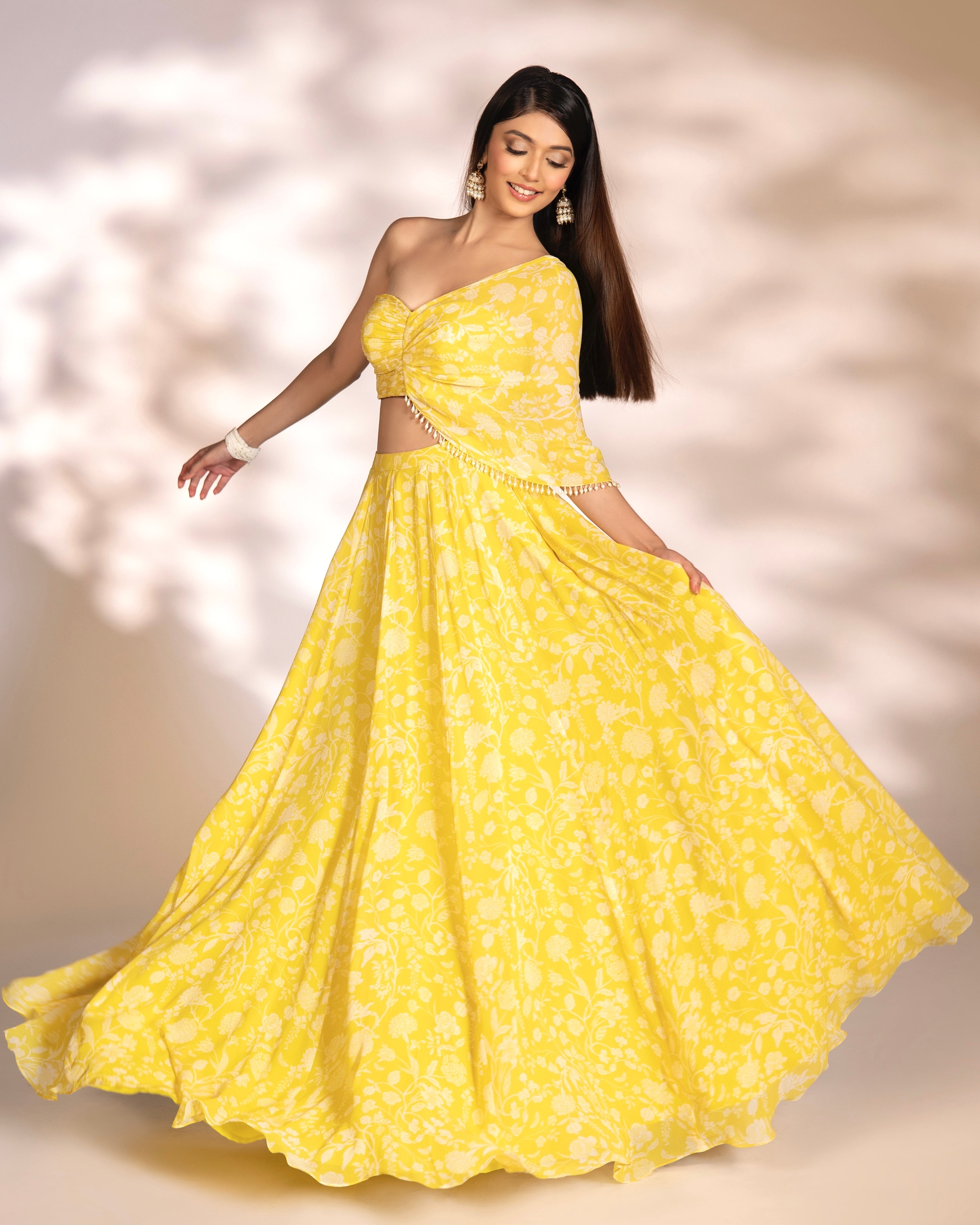 Yellow Georgette Printed Opal Lehenga Set