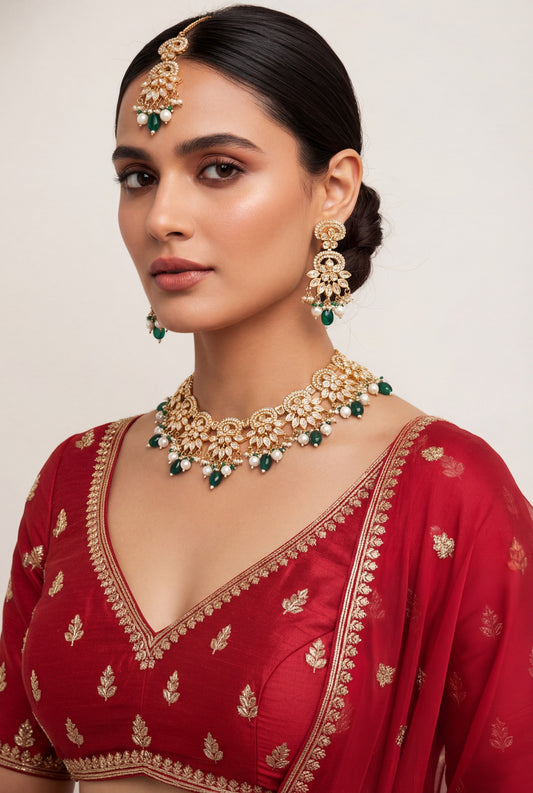 Divira Green Pearls Gold Finish Kundan Necklace Set