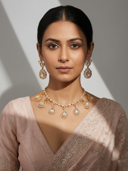 Mehnaz Gold Finish Moissanite Necklace Set