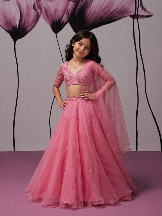 Grandiose Pink Silk Organza Lehenga Set