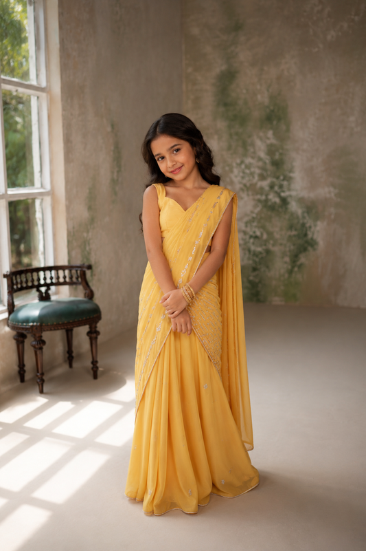 Sunflower Yellow Draped Saree Set