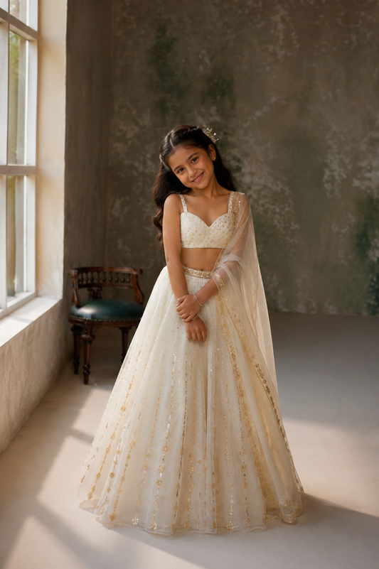 Snowdrop Ivory Silk Organza Lehenga Set