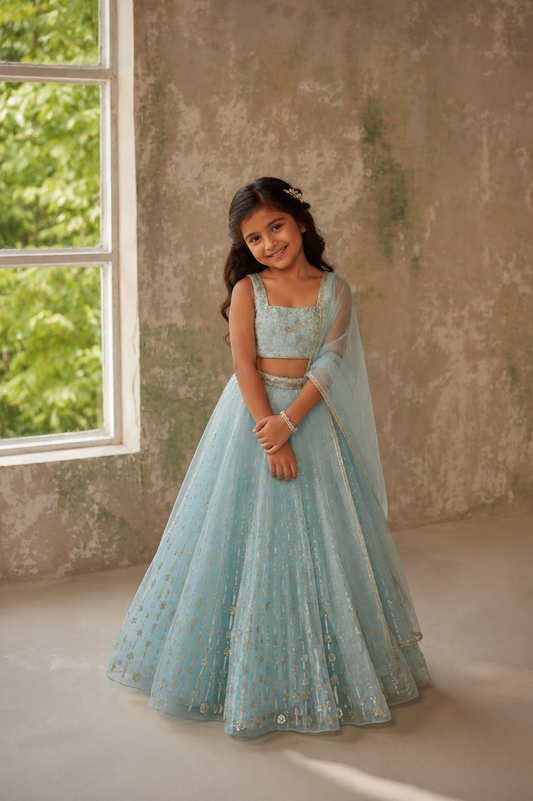 Blue Orchid Silk Organza Lehenga Set