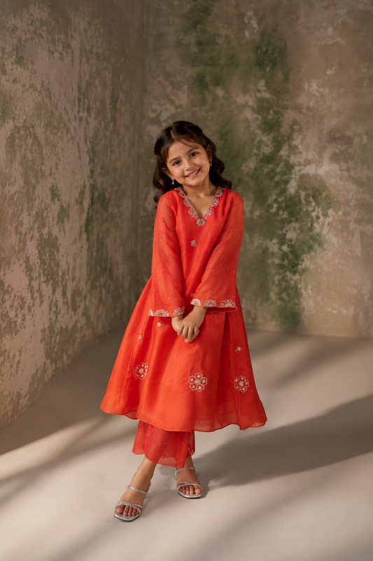 Enigma Red Silk Organza Kurta Set