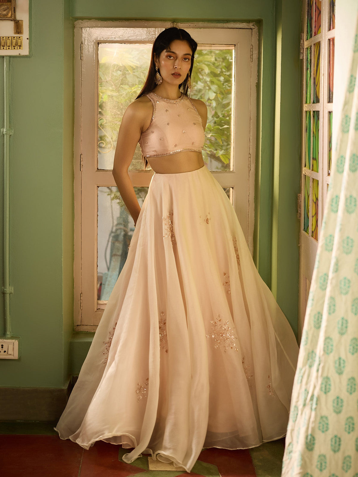 Frosted Blush Pink Organza Lehenga Set