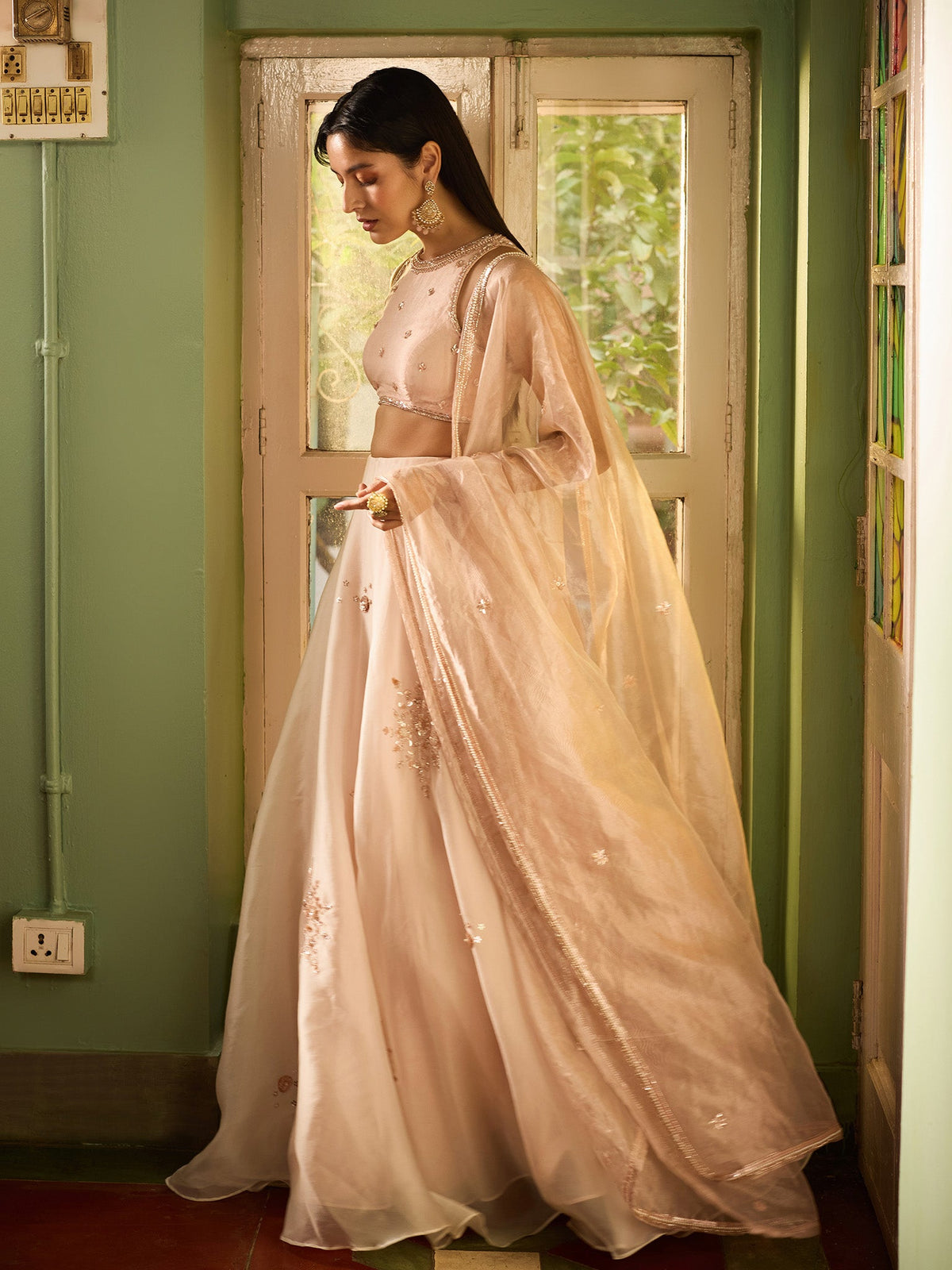 Frosted Blush Pink Organza Lehenga Set